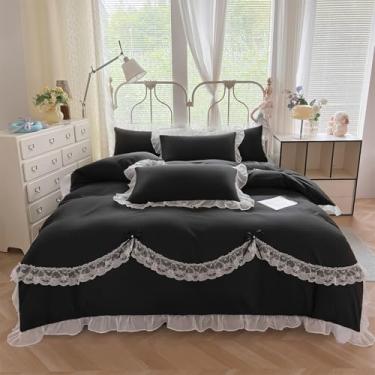 Imagem de MOOWOO Jogo de cama de renda com babados e gravata borboleta fofa - 3 peças (1 capa de edredom completa 203 x 232 cm, 2 fronhas) estética, roupa de cama gótica preta para todas as estações