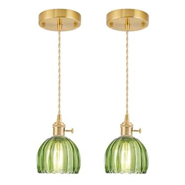 Imagem de Pacote com 2 mini luzes pendentes Kitchen Island, luminária pequena ajustável com abajur de vidro tulipa verde, iluminação pendente dourada vintage, luminária pendente para quarto, sala de jantar