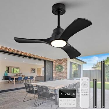 Imagem de OMYU Ventiladores de teto pretos com luzes, ventilador de teto de madeira maciça de 91 cm, controle remoto, interruptor de parede, regulável, motor CC silencioso reversível, sem memória, ventilador de
