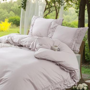 Imagem de Merryword Capa de edredom queen bege com babados, 100% algodão, ultramacia, respirável, coquete, campo francês, jogo de cama