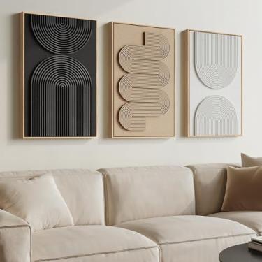 Imagem de Arte de parede abstrata neutra emoldurada texturizada 3D, arte moderna de 3 peças para paredes, preto branco marrom pinturas geométricas minimalistas para sala de estar, sala de jantar, decoração de