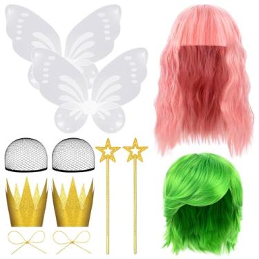Imagem de Olgaa 8 peças de fantasias de Halloween para casais 2025 para meninas casais de fadas adultos cosplay festa rosa neon verde peruca dourada asas varinha coroa