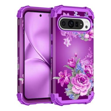 Imagem de LONTECT Capa para Google Pixel 10/10 Pro, floral, à prova de choque, resistente, resistente, 3 em 1, híbrida, resistente, capa protetora de alto impacto, violeta