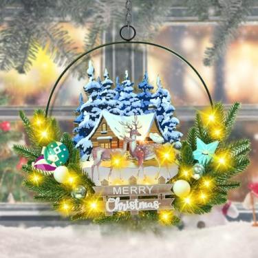 Imagem de Guirlandas de Natal iluminadas para porta da frente, guirlanda de metal de boas-vindas para porta de madeira, placa para pendurar, decoração de parede iluminada com 30 LEDs, operada a bateria para