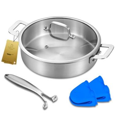 Imagem de LOLYKITCH Frigideira para refogar, panela profunda de aço inoxidável de 7 QT, frigideira de 30 cm para uso diário com tampa, frigideira grande por indução compatível com todos os cooktops, duas alças