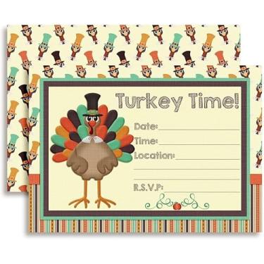 Imagem de Turkey Time Convites para festa de Ação de Graças, pacote com 8 cartões de preenchimento de 12 x 18 cm com oito envelopes brancos, cartões de convite e decorações para jantar agradecido por