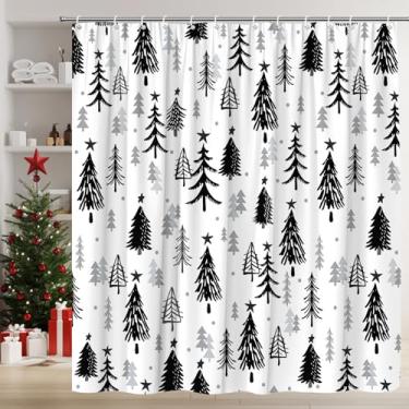 Imagem de AMFD Cortina de chuveiro Merry Christmas, preto, cinza, árvore de Natal, estrela, bolinhas, rústico, inverno, férias, conjunto de tecido decorativo inclui ganchos, (177,8 cm x 177,8 cm (L) 170 A)