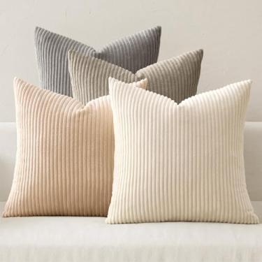 Imagem de MIULEE Boho Farmhouse Capas de almofada creme neutro 50 x 50 cm conjunto de 4 capas de almofada nórdicas Mordern veludo cotelê macio decoração de casa para sofá-cama, sofá, sala de estar