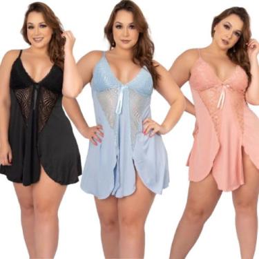 Imagem de KIT 3 Camisola Plus Size Renda WLS Modas Abertura Soltinha Lingerie Ro