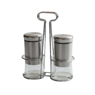 Imagem de Porta Condimentos Sal Pimenta Saleiro e Pimenteiro Inox com Suporte 2 