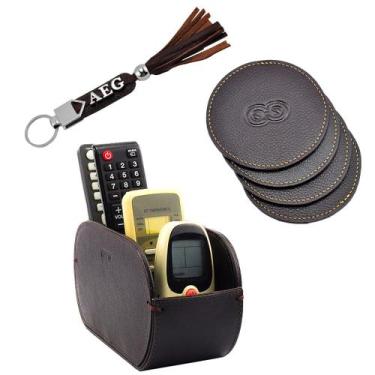 Imagem de Kit Organizador ONIX Porta Copos e Controle em Couro Galvani, Café