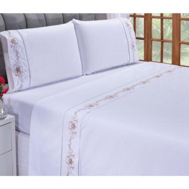 Imagem de Jogo Lençol Fluence Quarto Casal Padrão Bordado 4 Peças 2fronha Cor: Branco Com Caqui