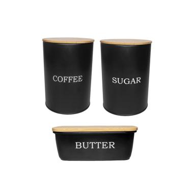 Imagem de Pote Cafe Açucar Manteigueira Potes Aço Preto Tampa Bambu