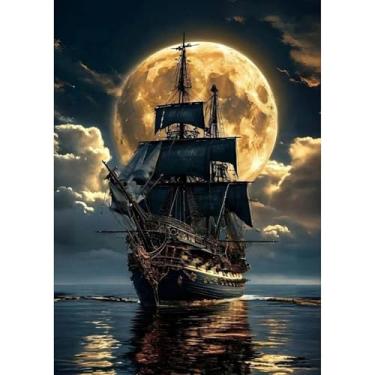 Imagem de Kits de arte de diamante de navio pirata para adultos, kits de pintura de diamante de broca redonda completa 5D luar para adultos iniciantes, kits de arte de pedras de pintura de diamante DIY para