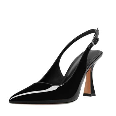 Imagem de ZJGZF Salto gatinho slingback feminino bico fino vintage stiletto sexy scarpin fivela tiras slip on flare sandálias de salto alto trabalho sapatos elegantes, Couro envernizado preto, 38