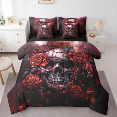 Imagem de Erosebridal Conjunto de cama de caveira rosa em uma bolsa Halloween crânio gótico conjunto de cama 7 peças laranja retrô rosa flores conjunto de edredom com lençol assustador esqueleto horror
