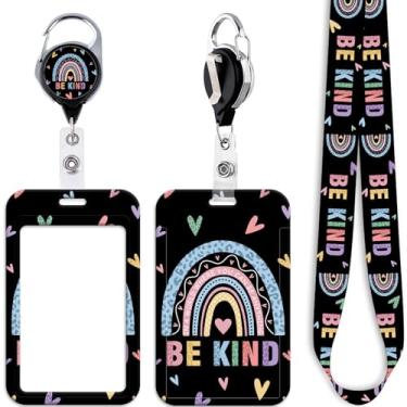 Imagem de Cordão de crachá preto legal para chaves de crachá de identidade, coração de amor, clipe retrátil para carretel de crachá fofo arco-íris para mulheres, meninas, crianças, enfermeiras, professoras para