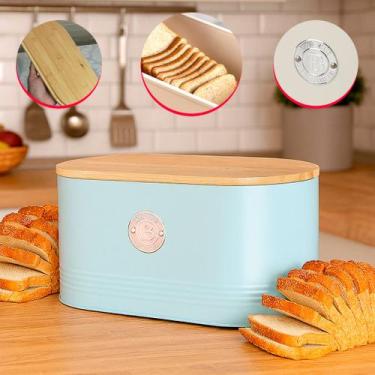 Imagem de Porta Pão Retrô com Tampa de Bambu Para Paes Biscoitos Elegante e Resi