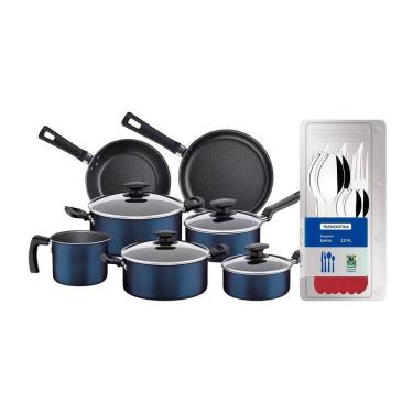 Imagem de Conjunto De Panelas 7 Peças Tramontina + Faqueiro 12 Peças Azul