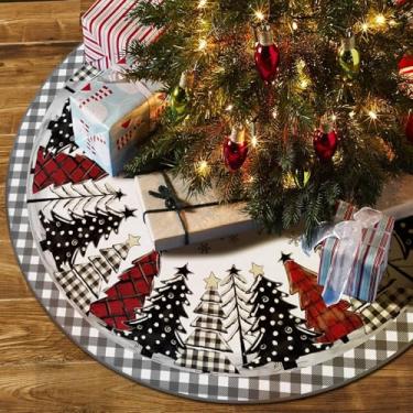 Imagem de DISENB Saia para árvore de Natal, 121 cm, cinza e branco, xadrez de búfalo, tapete de árvore de Natal de inverno para decoração interna e externa
