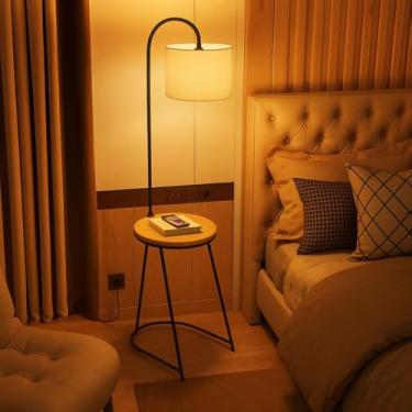 Imagem de Luminária Mesa de Cabeceira Mesa Lateral Abajur de Chão Tampo de Madeira Estrutura em Ferro Cúpula em Linho para Lâmpada E27