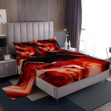 Imagem de Feelyou Jogo de lençol casal de mármore vermelho, para crianças, meninos, meninas, vermelho, dourado, glitter, abstrato, mármore, moderno, com bolsos profundos de 40 cm, 4 peças com 2 fronhas