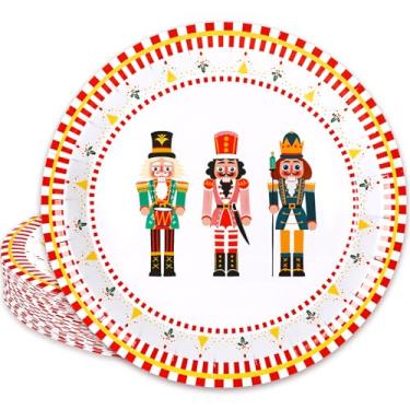 Imagem de FYSUIMU 50 peças de pratos de papel de Natal, prato descartável, 23 cm, vermelho, verde, quebra-nozes, listrado, prato de jantar redondo para decoração de mesa de Natal, inverno, férias, festa