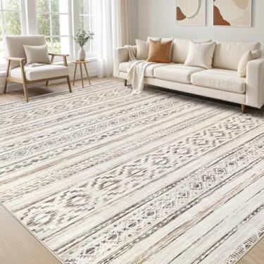 Imagem de Tapete grande para sala de estar 12 x 18: Tapetes macios laváveis à máquina boho marroquinos para quarto embaixo da mesa de jantar - Tapete de piso interno morden neutro antiderrapante para decoração