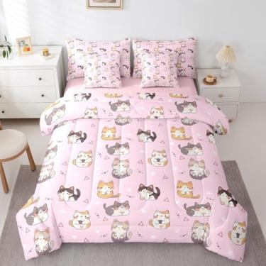 Imagem de Erosebridal Jogo de cama solteiro fofo para meninas, rosa, 7 peças, kawaii, animais de estimação, gatos (1 edredom, 1 lençol de cima, 1 lençol com elástico, 2 fronhas, 2 fronhas)