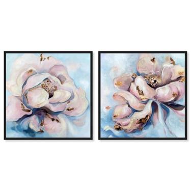 Imagem de Blush Pink Whimsy Conjunto de 2 painéis impressão em tela floral arte de parede por Art Remedy, moldura preta, 76 x 76 cm