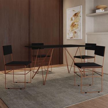 Imagem de Mesa Jantar Industrial Trama 1,40X0,80M Preta Com 4 Cadeiras Estofadas Vitória Cobre E Preta