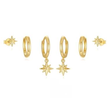 Imagem de Conjunto de 3 pares de brincos de argola banhados a ouro 14 K, brincos de cartilagem de zircônia cúbica, multi piercings, brincos de alpinista para mulheres, brincos do dia a dia, Dainty Stud Earrings