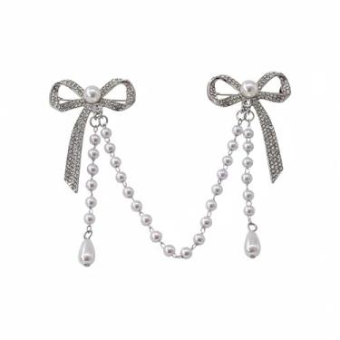 Imagem de Broche de laço duplo com strass para mulheres e meninas, pingente de pérola sintética, corrente de gota de água, broches, fita de cristal, delicada, alfinetes, laço, brilhante, casamento, banquete