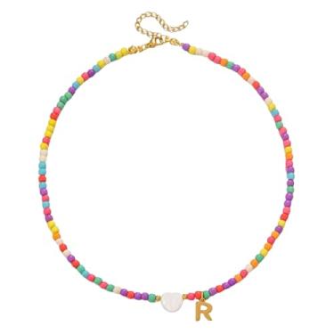 Imagem de Gargantilha feminina com contas de ouro 18 quilates - pingente de letra colorida de aço inoxidável impermeável - joia com pingente de alfabeto personalizado - Presente personalizado delicado para