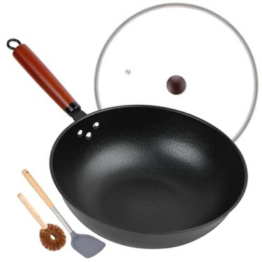 Imagem de Wok antiaderente de 33 cm - frigideira wok com tampa de vidro, woks de aço carbono e frigideiras: woks chineses de fundo plano para eletricidade, indução, gás, todos os fogões