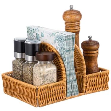 Imagem de AceOrbit Porta-guardanapos de vime com saleiro e pimenteiro, organizador de mesa rústico para cozinha, sala de jantar, decoração de guardanapo vertical (saleiro e pimenteiro e guardanapos não