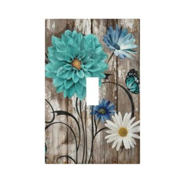 Imagem de SgEdao Capas decorativas para interruptor de luz, margarida turquesa, design floral vintage em madeira rústica, placa de parede de 1 grupo, capas exclusivas para interruptores de luz, placa frontal