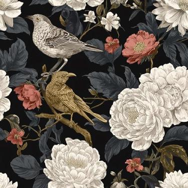 Imagem de MAGAFA Pássaros e peônias brancas papel de parede descascar e colar folhas azuis escuras papel de contato fácil de retirar autoadesivo removível adesivo em papel de parede para gaveta de armário de