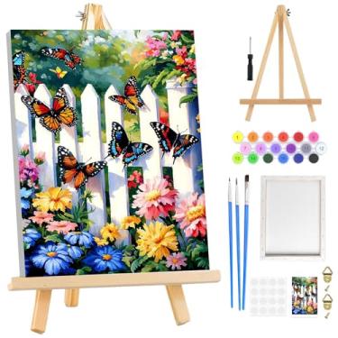 Imagem de Kit de pintura de flores por números para adultos iniciantes emoldurado com cavalete de madeira, kits de pintura por número para adultos borboleta em tela, cerca DIY pintura a óleo acrílica fácil por