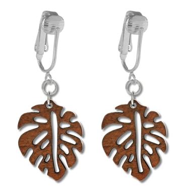 Imagem de Aloha Earrings Brincos pendentes de madeira com clipe em tom prateado não perfurado, One Size, Metal, Sem pedra preciosa