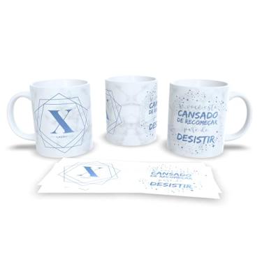 Imagem de Caneca de Cerâmica Personalizada com Monograma e Frase Motivacional, Mármore Branco e Azul, 325ml, Design Geométrico (w)