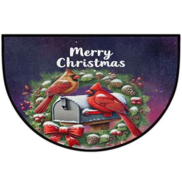 Imagem de Tapete de porta meio redondo Birdhouse Cardinal Christmas antiderrapante, absorvente, semicírculo, tapetes laváveis, meia lua, tapetes para interior, pátio, cozinha, banheiro, entrada, lareira