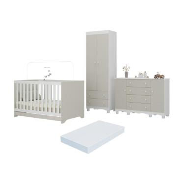 Imagem de Quarto De Bebê Completo Berço Americano 3 Em 1 Colchão Dengo Multimóveis MP4612 Branco-off White