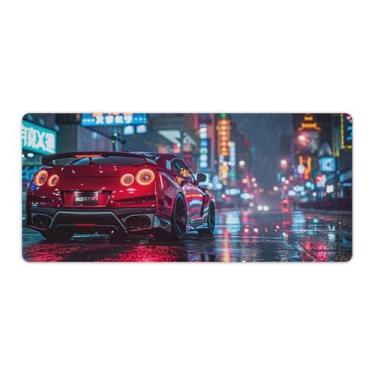 Imagem de HouLaiZhe JDM Car R35 Rainy Night Neon Grande Gaming Mouse Pads Tapete de Mesa Base de Borracha Antiderrapante Laptop Acessórios de Computador Suprimentos Bloco de Escrita para Escritório Casa 40 x 90
