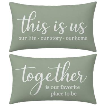 Imagem de HERHOME This is us/Together is Our Favorite Place to be Farmhouse Capas de almofada decorativas 12 x 20 conjunto de 2, capas de almofada para área externa verde sálvia para cama de casa sofá XHP-235