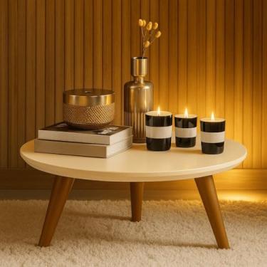 Imagem de Mesa de centro redonda em PVC estilo retrô com pés em formato de fuso, ideal para decoração de salas de estar modernas(Off-White/Caramelo)