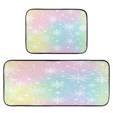 Imagem de Qilmy Tapete de cozinha com fundo de arco-íris branco floco de neve, 2 peças, tapete de entrada frontal, antiderrapante, alivia a fadiga, lavável, tapete para cozinha, quarto, varanda618