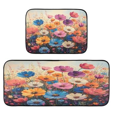 Imagem de Qilmy Lindos tapetes de cozinha de flores silvestres, 2 peças, tapete de entrada frontal, antiderrapante, alivia a fadiga, lavável, tapete para cozinha, quarto, varanda199
