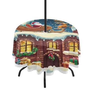 Imagem de CEBUGI Toalha de mesa redonda para uso ao ar livre, fundo natalino, impermeável, com furo Umberlla, capa de mesa lavável para pátio, cozinha, sala de jantar, 152 cm