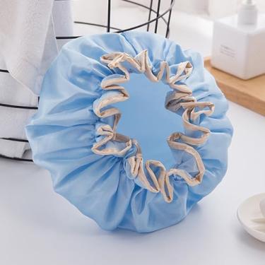 Imagem de 1 touca de banho impermeável de camada dupla para mulheres, cor sólida, reutilizável, fácil de limpar, touca de banho chapéu Banie (azul)